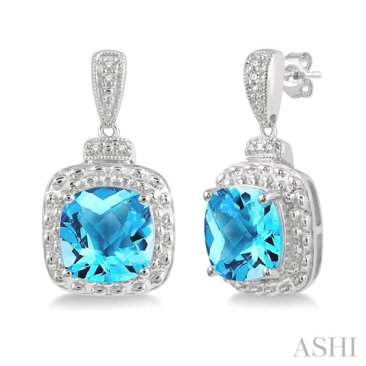 8x8 MM Cushion Shape Blue Topaz and 1/50 Ctw Round Cut Diamond Semi-Precious Earring in Sterling Silver
