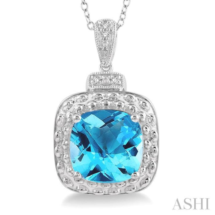 10x10 MM Cushion Shape Blue Topaz and 1/50 Ctw Round Cut Diamond Semi-Precious Pendant With Chain in Sterling Silver