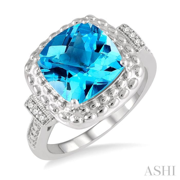10x10 MM Cushion Shape Blue Topaz and 1/50 Ctw Round Cut Diamond Semi-Precious Ring in Sterling Silver