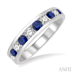 2.9 MM Sapphire and 1/2 Ctw Round Cut Diamond Precious Wedding Band in 14K White Gold