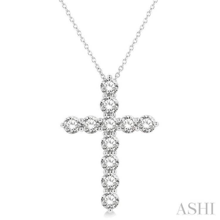 3 Ctw Round Cut Diamond Cross Pendant in 14K White Gold with Chain