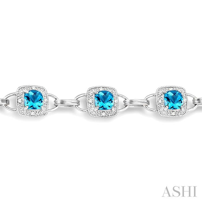 5x5 MM Cushion Shape Blue Topaz and 1/6 Ctw Round Cut Diamond Bracelet in 10K White Gold