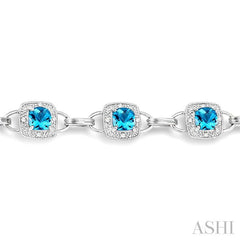 5x5 MM Cushion Shape Blue Topaz and 1/6 Ctw Round Cut Diamond Bracelet in 10K White Gold