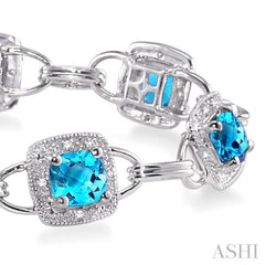 5x5 MM Cushion Shape Blue Topaz and 1/6 Ctw Round Cut Diamond Bracelet in 10K White Gold