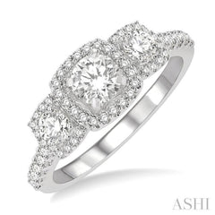 1 Ctw Cushion Shape Past Present and Future Diamond Engagement Ring With 3/8 Ct Round Cut Center Stone in 14K White Gold