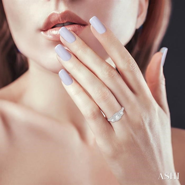 1 Ctw Cushion Shape Past Present and Future Diamond Engagement Ring With 3/8 Ct Round Cut Center Stone in 14K White Gold