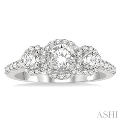 1 Ctw Past Present and Future Diamond Engagement Ring With 3/8 Ct Round Cut Center Stone in 14K White Gold