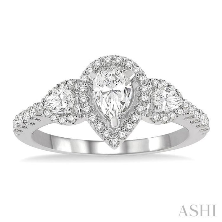 1 Ctw Past Present and Future Round Cut Diamond Engagement Ring With 3/8 Ct Pear Cut Center Stone in 14K White Gold