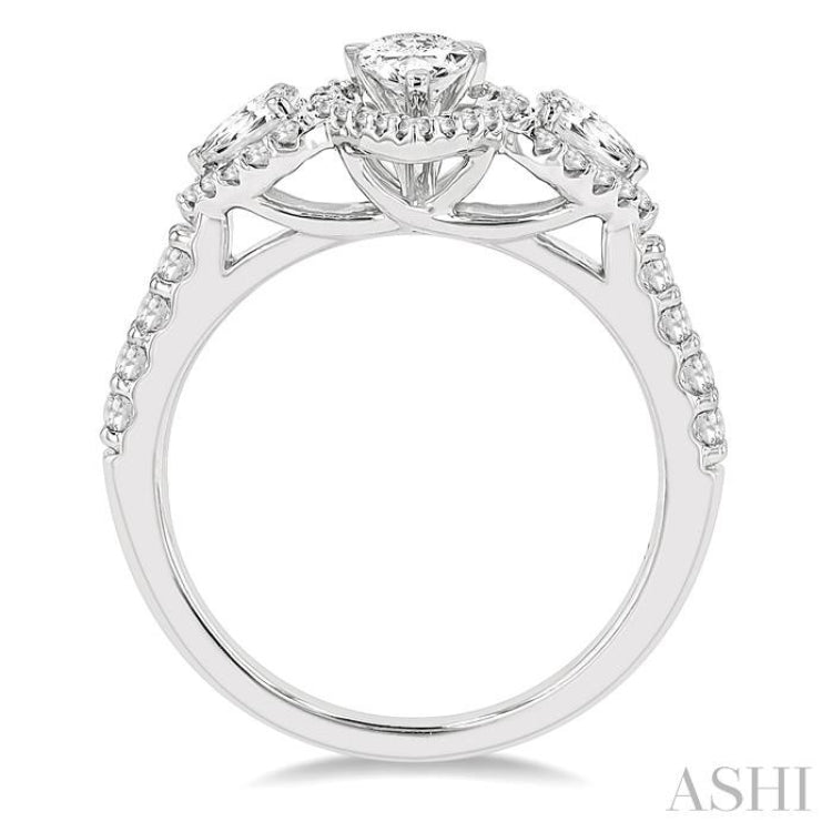 1 Ctw Past Present and Future Round Cut Diamond Engagement Ring With 3/8 Ct Pear Cut Center Stone in 14K White Gold