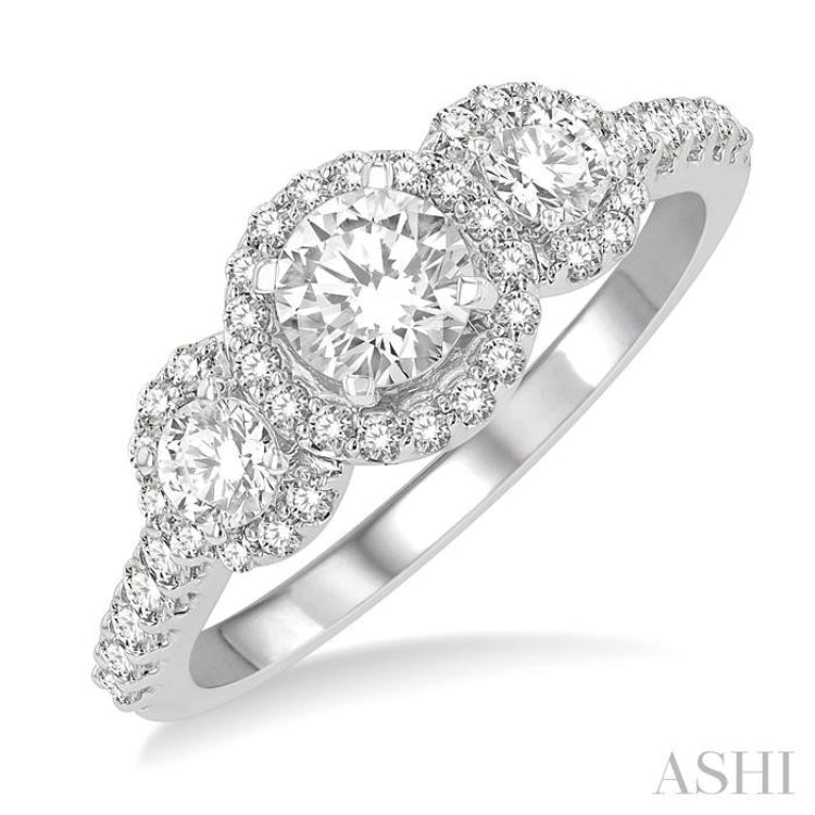 Round Shape Past Present & Future Semi-Mount Halo Diamond Engagement Ring