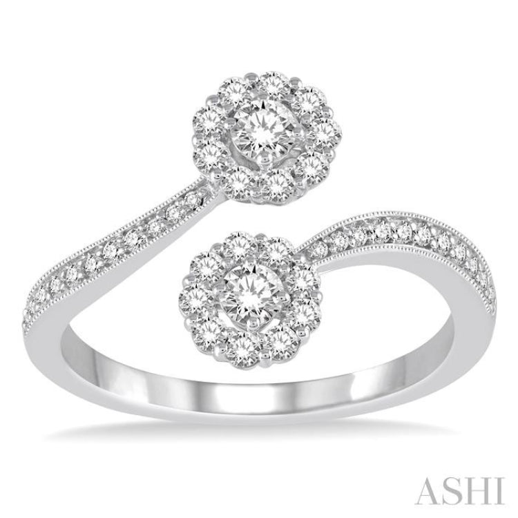 2 Stone Halo Diamond Fashion Open Ring