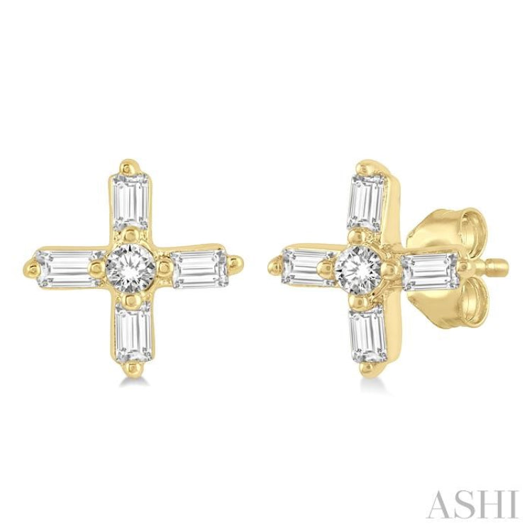 1/10 Ctw Greek Cross Baguette and Round Cut Diamond Petite Earrings in 10K Yellow Gold