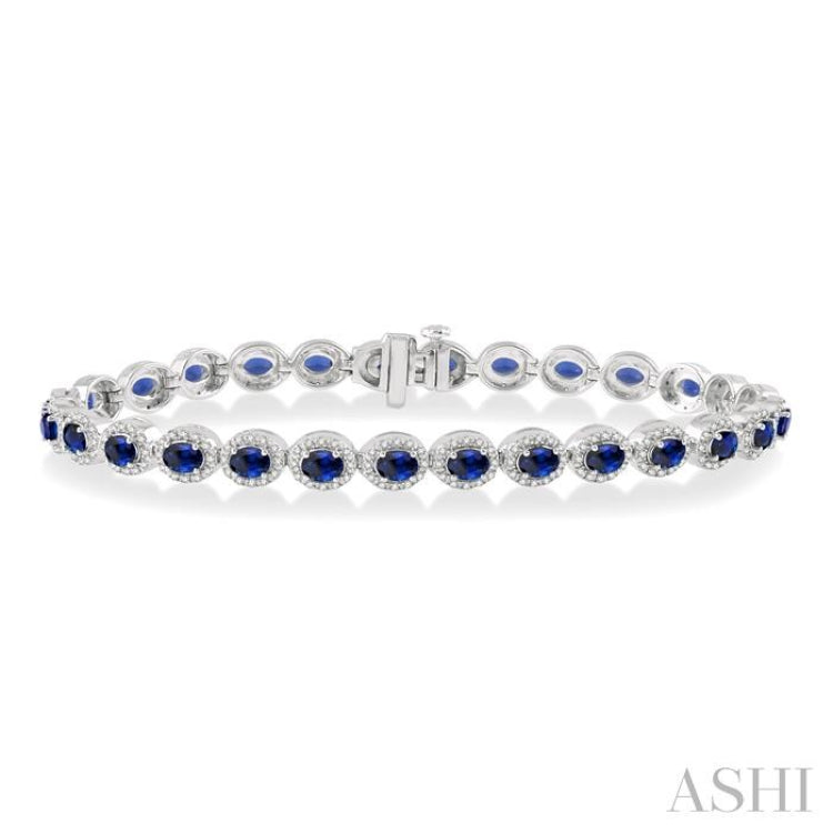 Oval Shape Gemstone & Halo Diamond Tennis Bracelet