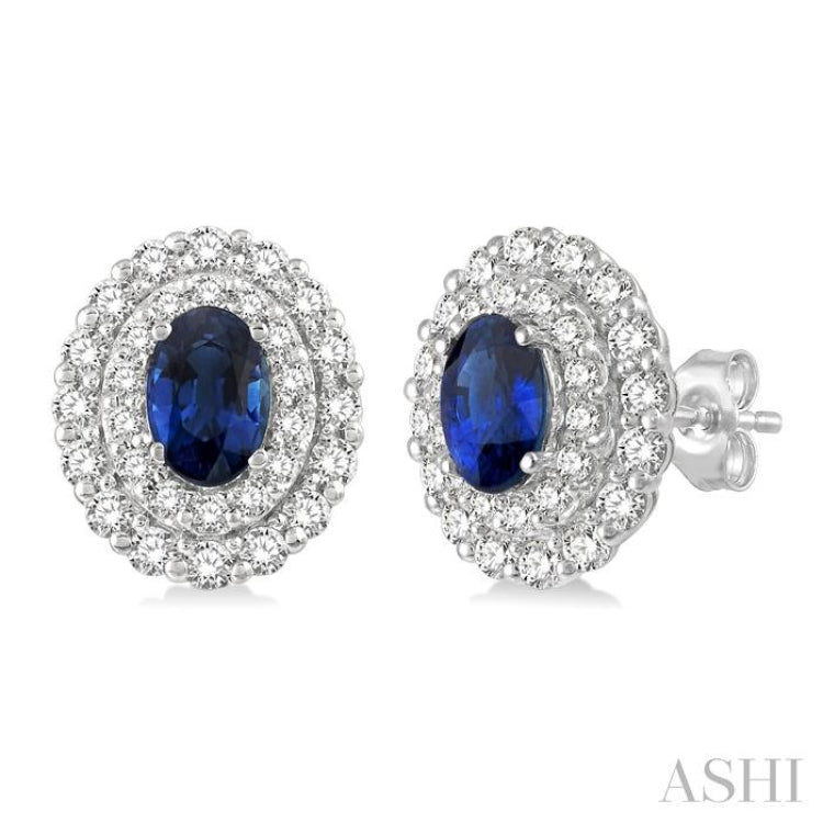 Oval Shape Gemstone & Halo Diamond Earrings