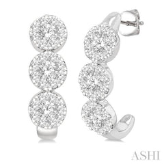 Round Shape 3 Stone Lovebright Diamond Half Hoop Earrings