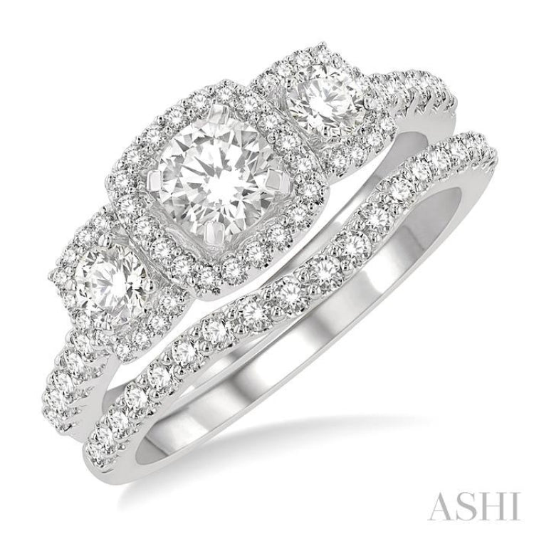 Round Shape Past Present & Future Halo Diamond Wedding Set