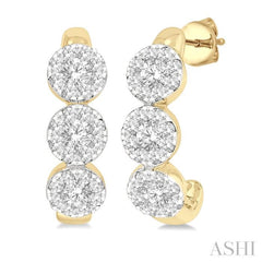 Round Shape 3 Stone Lovebright Diamond Half Hoop Earrings