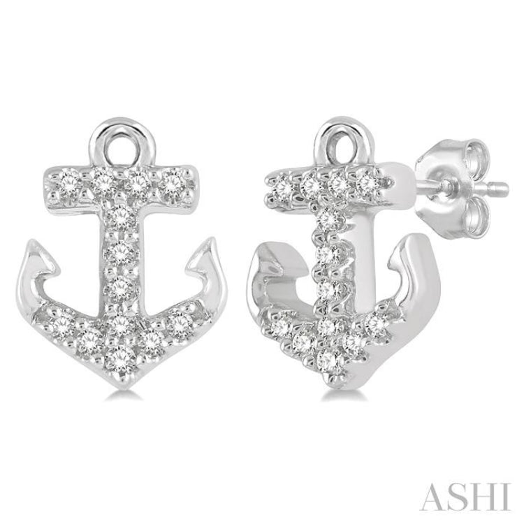 1/10 Ctw Anchor Round Cut Diamond Petite Fashion Earrings in 14K White Gold
