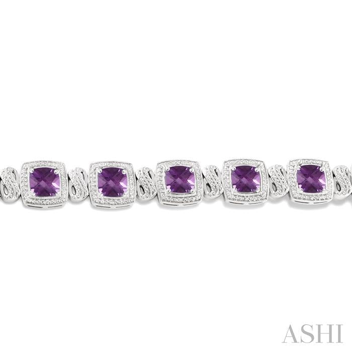 7x7 MM Cushion Shape Amethyst and 1/10 Ctw Round Cut Diamond Square Shape Bracelet in Sterling Silver