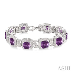 7x7 MM Cushion Shape Amethyst and 1/10 Ctw Round Cut Diamond Square Shape Bracelet in Sterling Silver