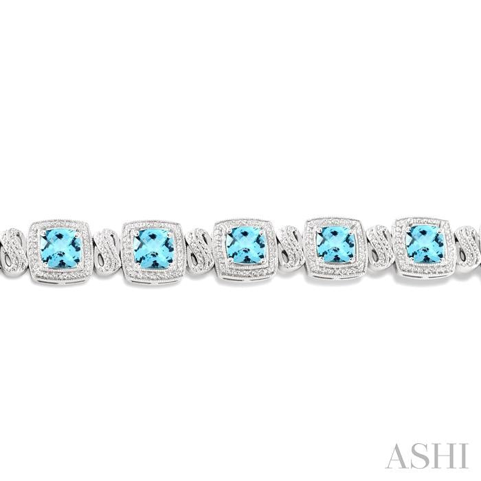 7X7 MM Cushion Shape Blue Topaz and 1/10 Ctw Round Cut Diamond Square Shape Bracelet in Sterling Silver