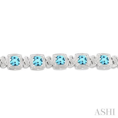7X7 MM Cushion Shape Blue Topaz and 1/10 Ctw Round Cut Diamond Square Shape Bracelet in Sterling Silver