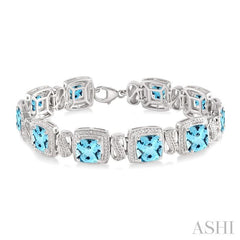 7X7 MM Cushion Shape Blue Topaz and 1/10 Ctw Round Cut Diamond Square Shape Bracelet in Sterling Silver