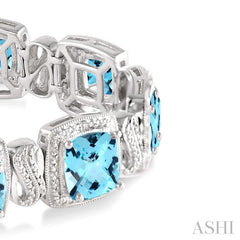 7X7 MM Cushion Shape Blue Topaz and 1/10 Ctw Round Cut Diamond Square Shape Bracelet in Sterling Silver