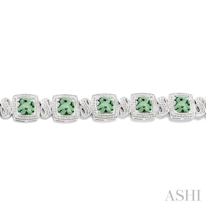 7x7 MM Cushion Shape Green Amethyst and 1/10 Ctw Round Cut Diamond Square Shape Bracelet in Sterling Silver