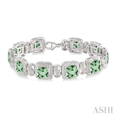 7x7 MM Cushion Shape Green Amethyst and 1/10 Ctw Single Cut Diamond Square Shape Bracelet in Sterling Silver