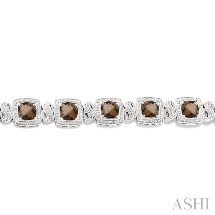 7x7 MM Cushion Shape Smoky Quartz and 1/10 Ctw Round Cut Diamond Square Shape Bracelet in Sterling Silver