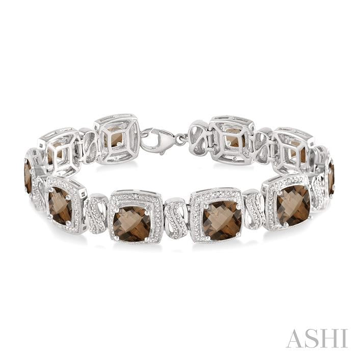 7x7 MM Cushion Shape Smoky Quartz and 1/10 Ctw Round Cut Diamond Square Shape Bracelet in Sterling Silver