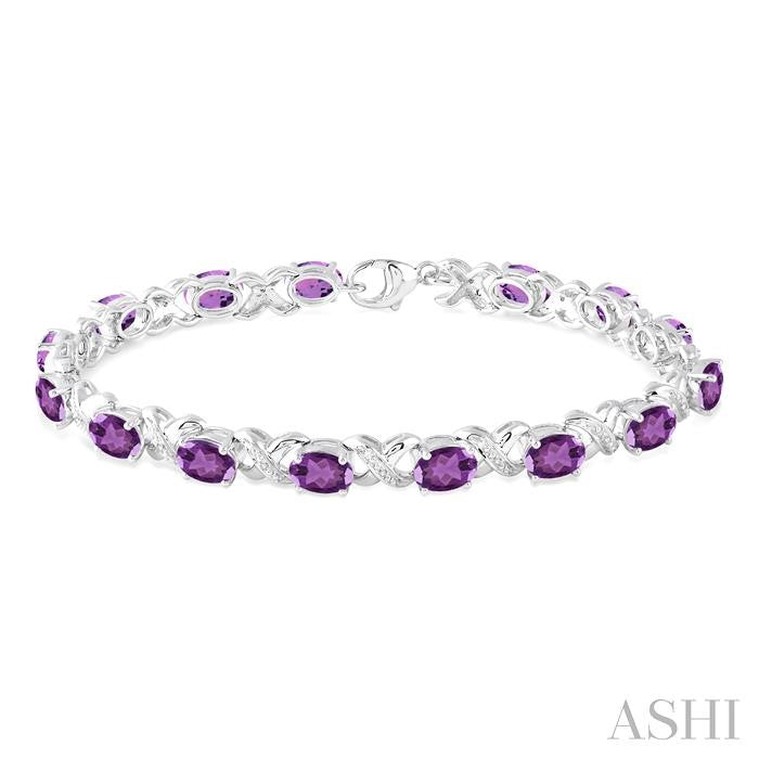 7x5 MM Oval Cut Amethyst and 1/20 Ctw Round Cut Diamond Fashion Bracelet in Sterling Silver
