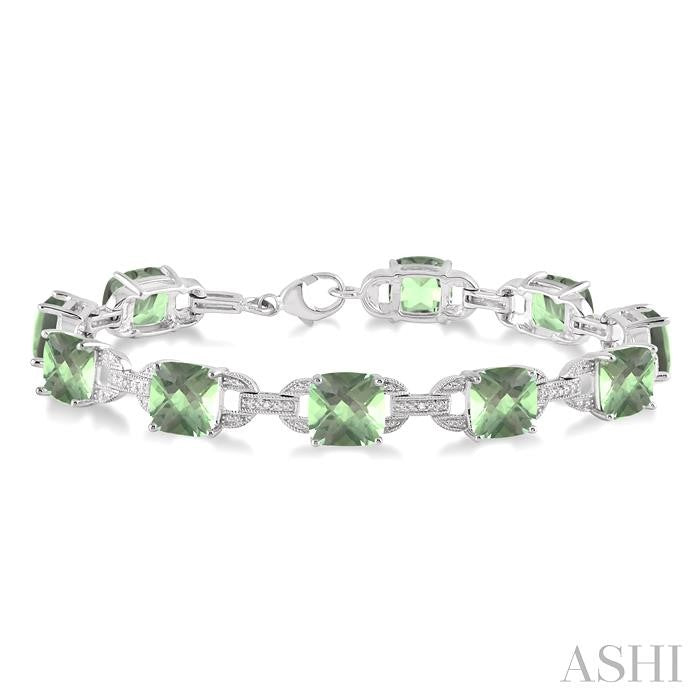 7x7 MM Cushion Shape Green Amethyst and 1/20 Ctw Round Cut Diamond Fashion Bracelet in Sterling Silver
