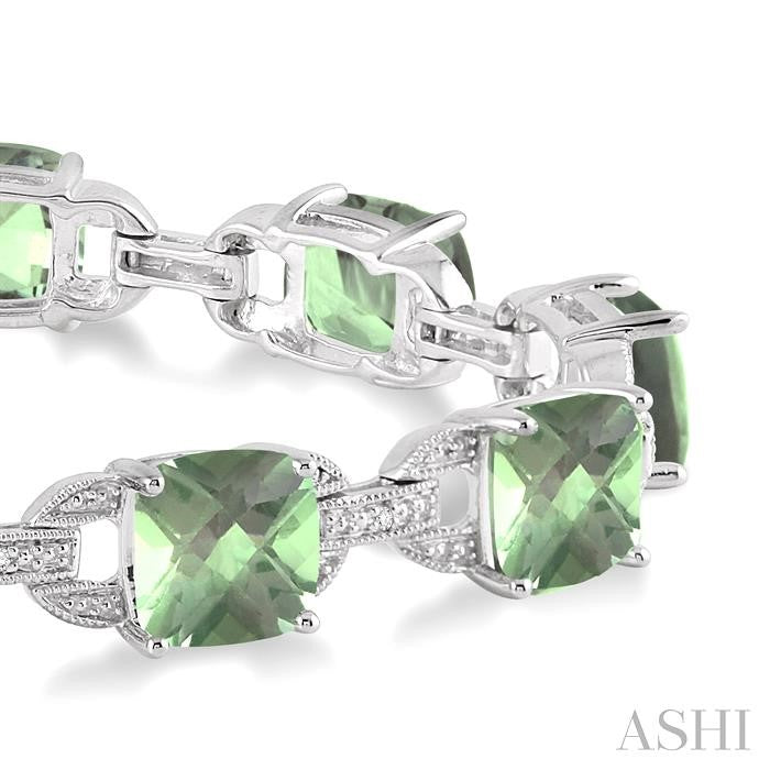 7x7 MM Cushion Shape Green Amethyst and 1/20 Ctw Round Cut Diamond Fashion Bracelet in Sterling Silver