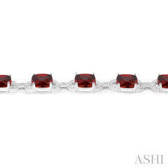 7x7 MM Cushion Shape Garnet and 1/20 Ctw Round Cut Diamond Fashion Bracelet in Sterling Silver