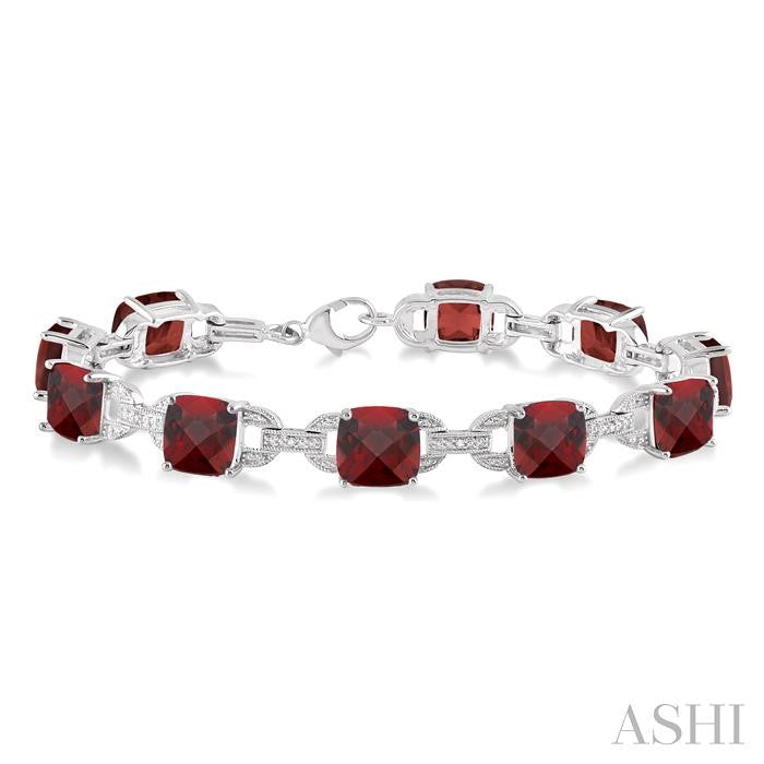 7x7 MM Cushion Shape Garnet and 1/20 Ctw Round Cut Diamond Fashion Bracelet in Sterling Silver