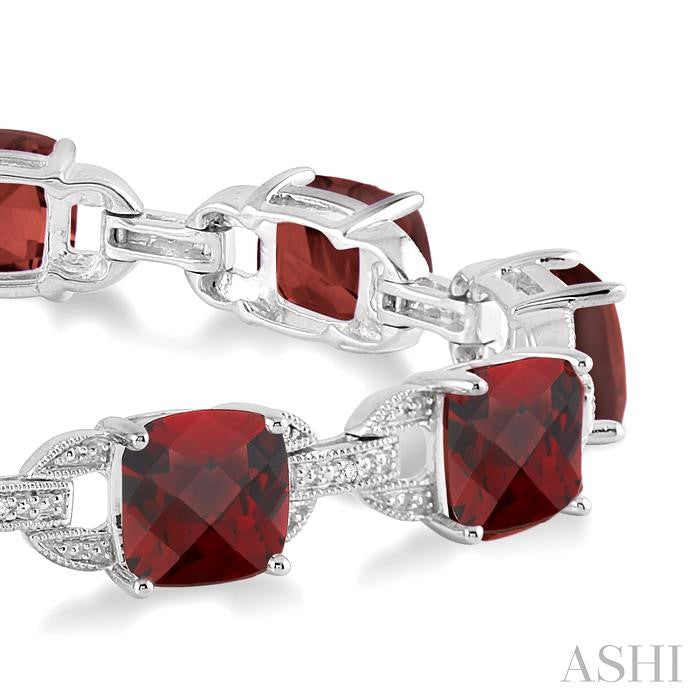 7x7 MM Cushion Shape Garnet and 1/20 Ctw Round Cut Diamond Fashion Bracelet in Sterling Silver