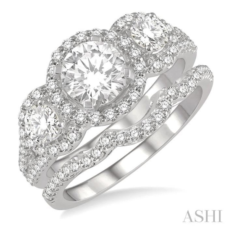 Round Shape Past Present & Future Halo Diamond Wedding Set