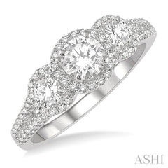 Round Shape Past Present & Future Semi-Mount Halo Diamond Engagement Ring