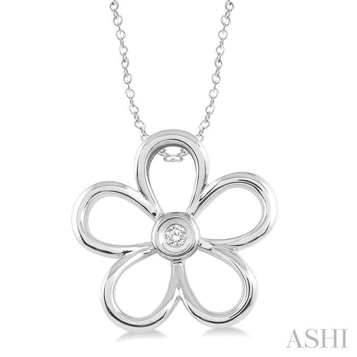 1/20 Ctw Round Cut Diamond Flower Pendant in Sterling Silver with Chain
