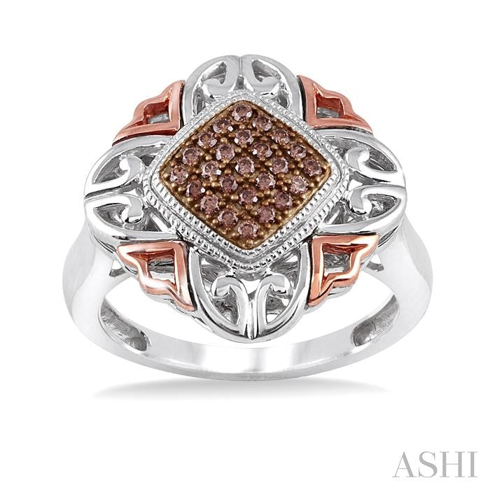 1/6 Ctw Cushion Shape Single Cut Champagne Brown Diamond Ring in Sterling Silver
