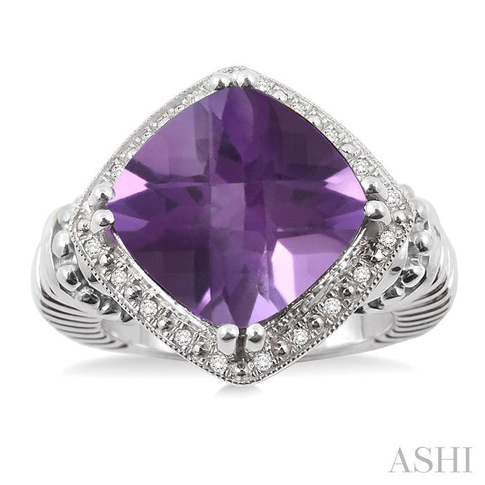 12X12 MM Cushion Shape Amethyst and 1/20 Ctw Round Cut Diamond Ring in Sterling Silver
