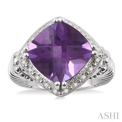12X12 MM Cushion Shape Amethyst and 1/20 Ctw Round Cut Diamond Ring in Sterling Silver