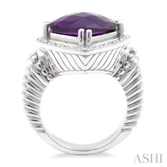 12X12 MM Cushion Shape Amethyst and 1/20 Ctw Round Cut Diamond Ring in Sterling Silver