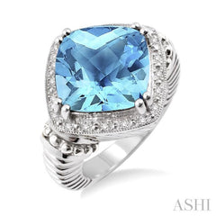 12X12 MM Cushion Shape Blue Topaz and 1/20 Ctw Round Cut Diamond Ring in Sterling Silver