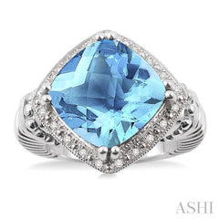 12X12 MM Cushion Shape Blue Topaz and 1/20 Ctw Round Cut Diamond Ring in Sterling Silver