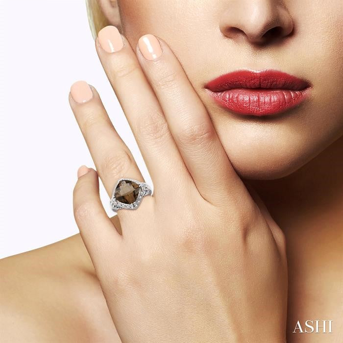 12X12 MM Cushion Shape Smoky Quartz and 1/20 Ctw Round Cut Diamond Ring in Sterling Silver