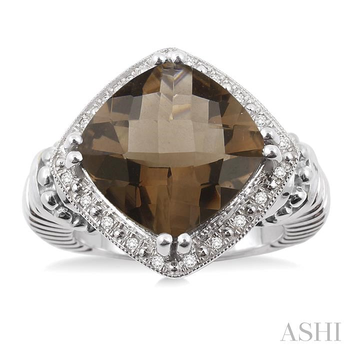 12X12 MM Cushion Shape Smoky Quartz and 1/20 Ctw Round Cut Diamond Ring in Sterling Silver