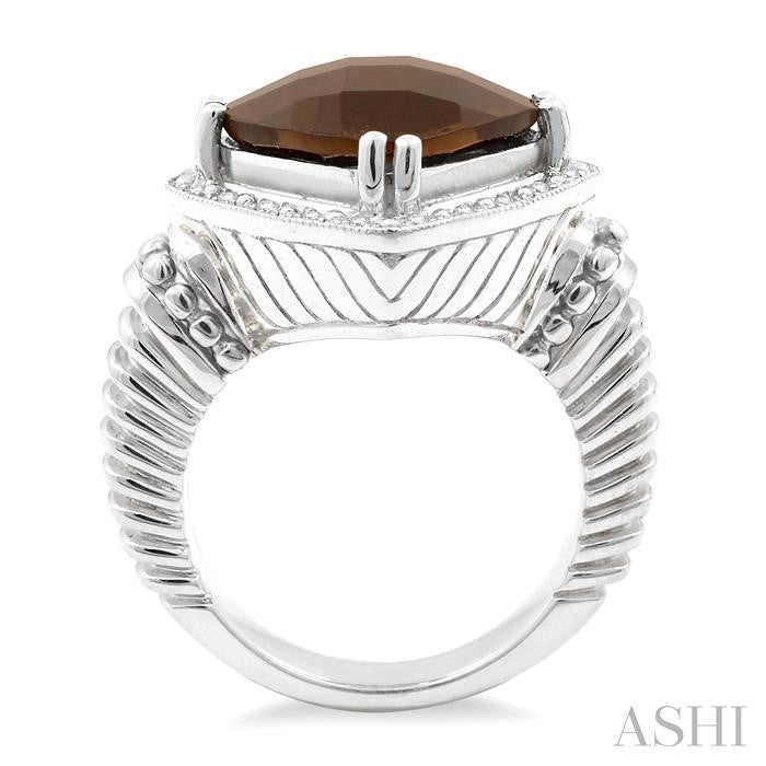 12X12 MM Cushion Shape Smoky Quartz and 1/20 Ctw Round Cut Diamond Ring in Sterling Silver